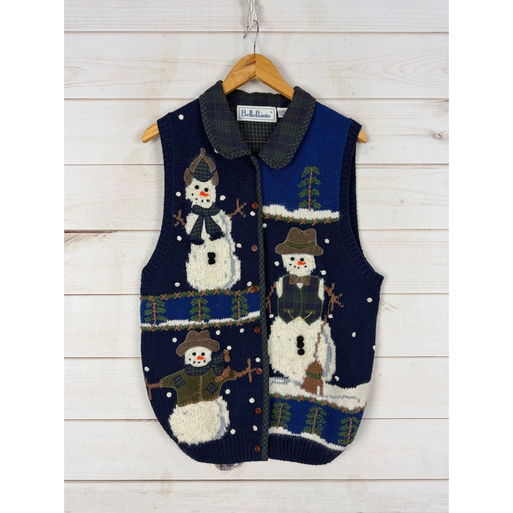 VTG BellePointe Sweater Vest Womens Large Snowman Holiday Knit Cardigan